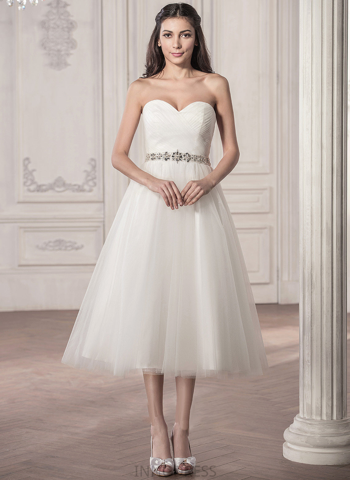 Ruffle Wedding Dresses With Wedding Sequins Sweetheart Beading Tea-Length A-Line Tulle Dress Serena
