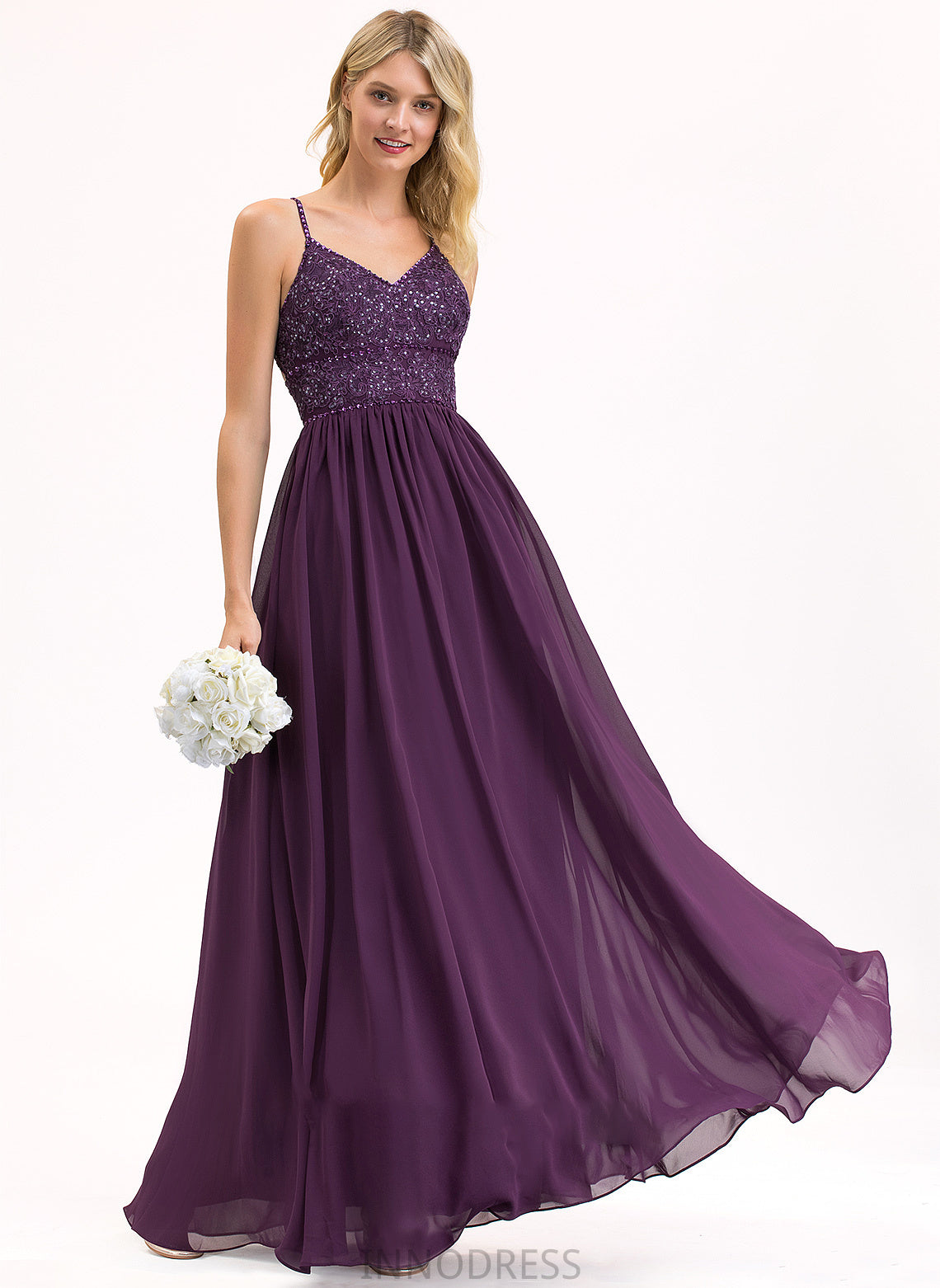 Prom Dresses With A-Line V-neck Chiffon Sequins Beading Lace Floor-Length Jaycee
