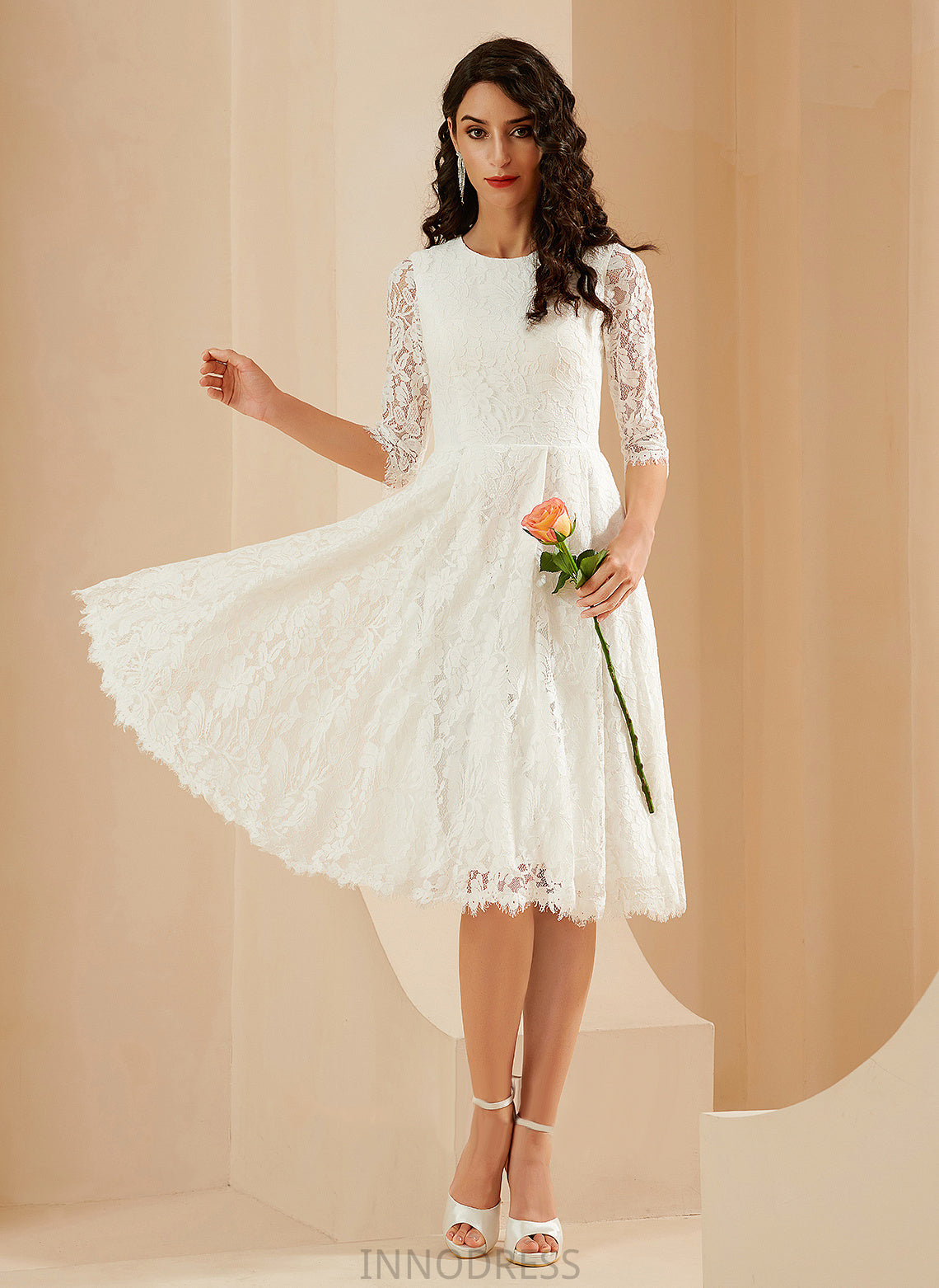 A-Line Dress Wedding Lace Neck Scoop Wedding Dresses Knee-Length Harriet
