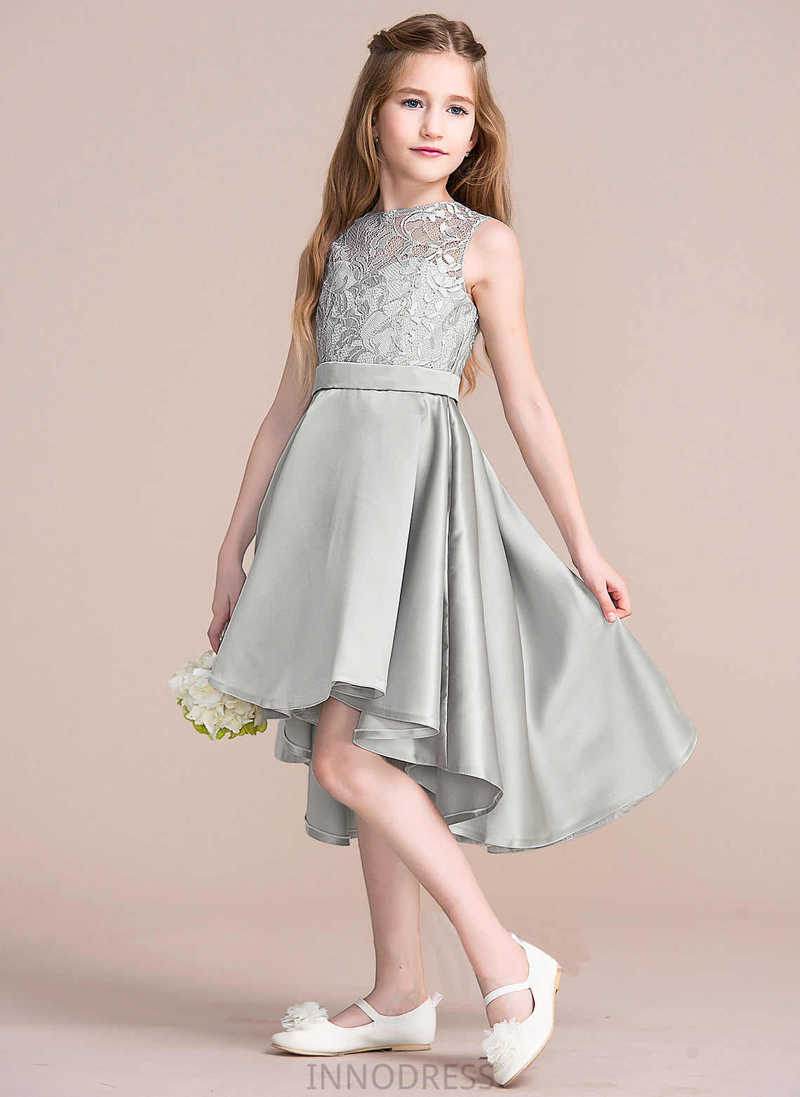 Neck Scoop Frances A-Line Junior Bridesmaid Dresses Asymmetrical Satin