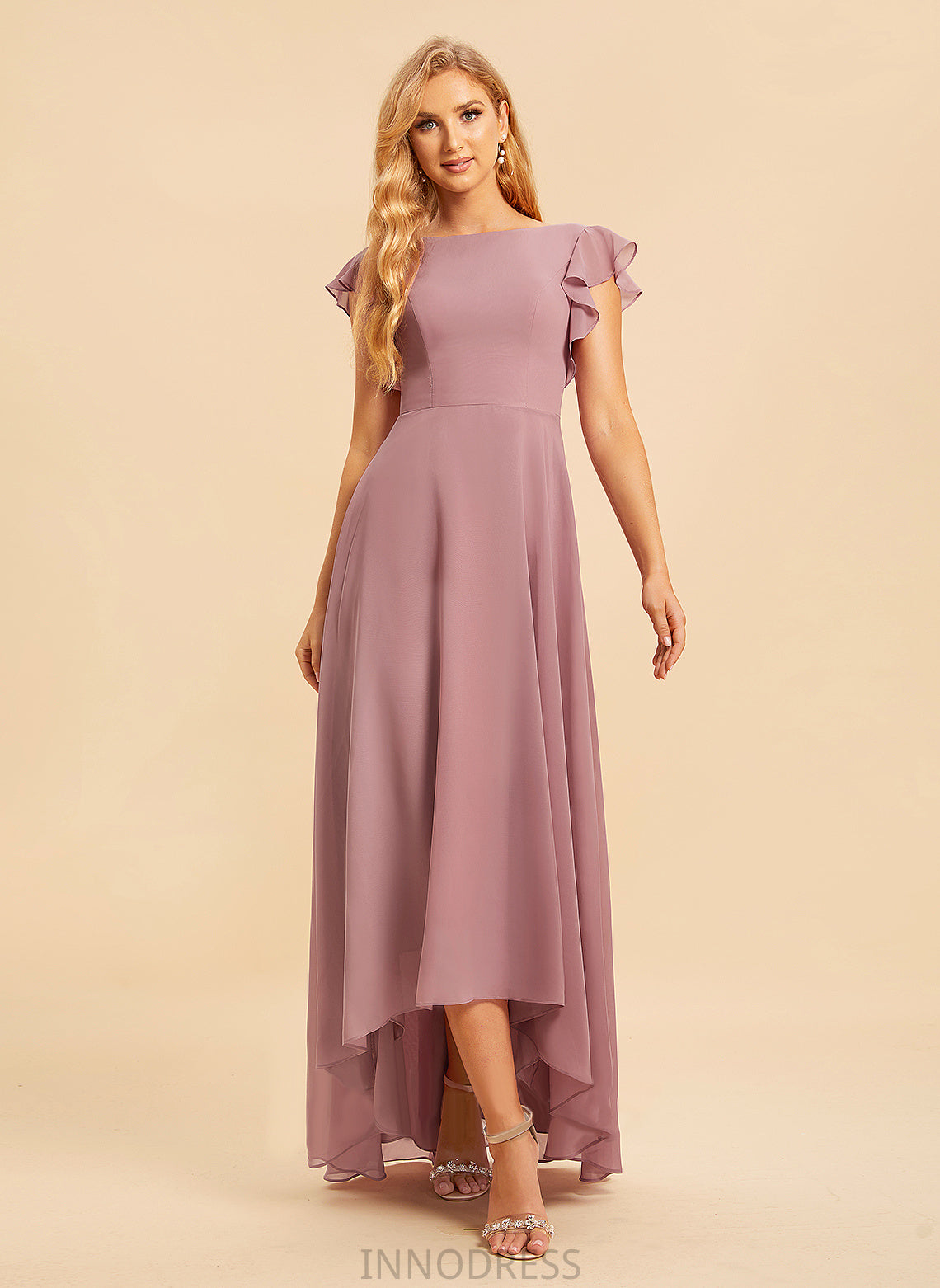 Asymmetrical A-Line Fabric Neckline Silhouette Embellishment Length ScoopNeck Ruffle Kitty Sleeveless Floor Length Bridesmaid Dresses