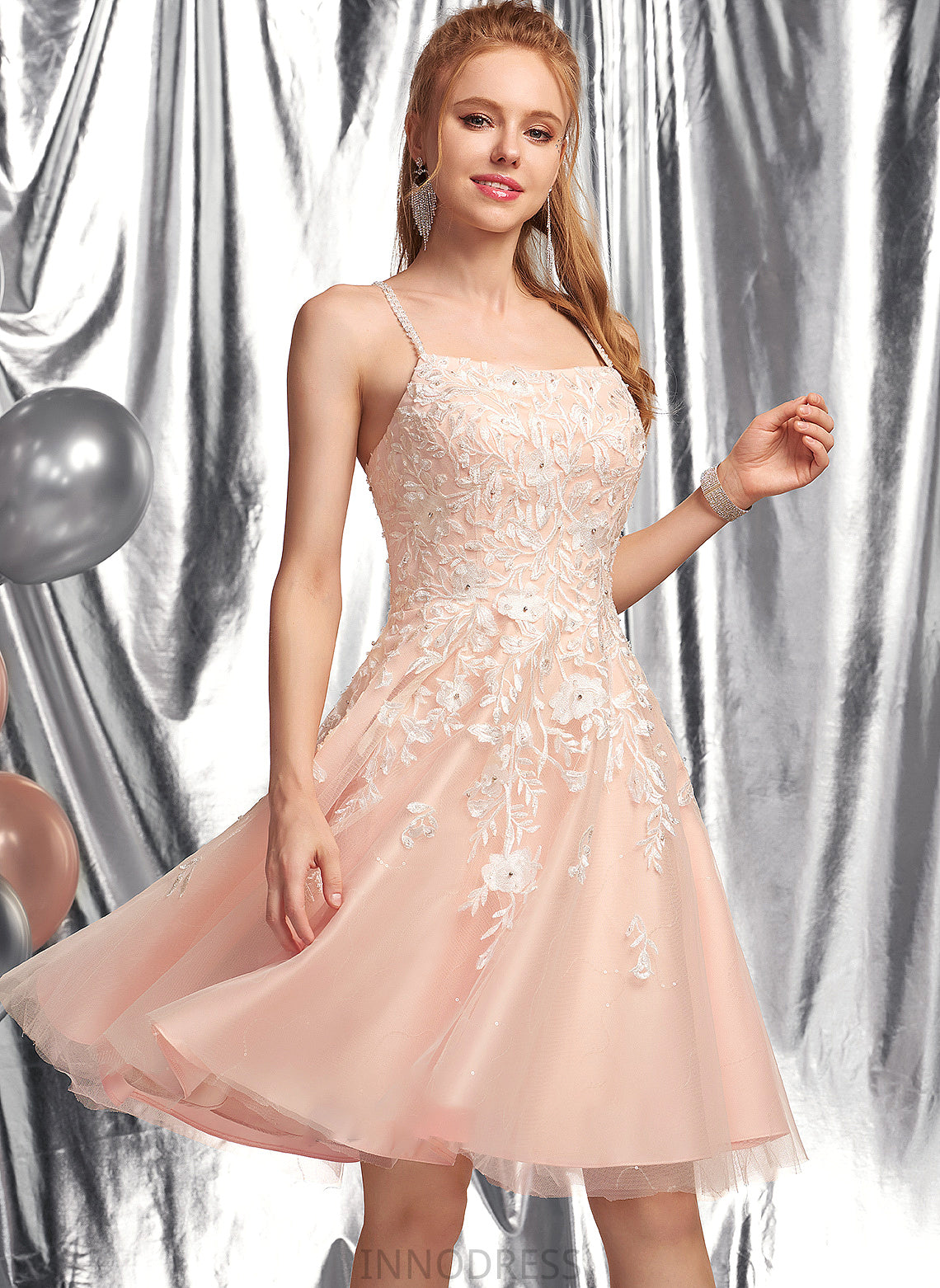 Janae Knee-Length Square Beading With Neckline Sequins Tulle Prom Dresses A-Line