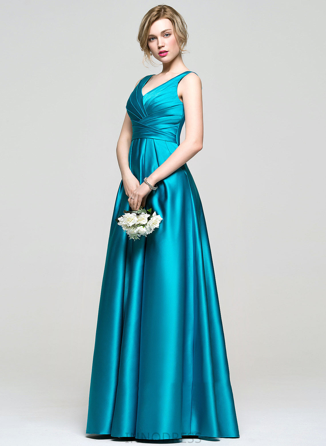 Ball-Gown/Princess Ruffle Pockets Floor-Length Satin Lilian V-neck With Prom Dresses