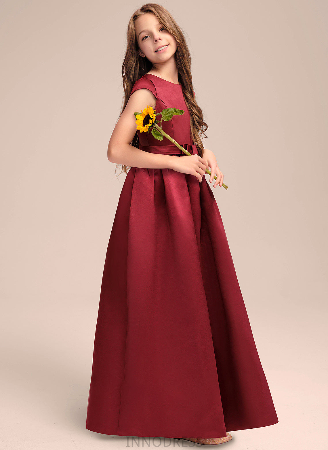 Scoop A-Line Katelynn Pockets Junior Bridesmaid Dresses Floor-Length With Neck Bow(s) Satin