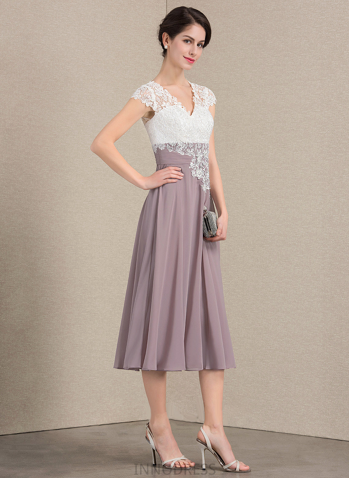 V-neck Chiffon Bride Patience Tea-Length Lace of A-Line the Mother Mother of the Bride Dresses Dress