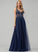 Sequins Beading A-Line Front Brooklynn Prom Dresses V-neck Floor-Length Tulle Split With