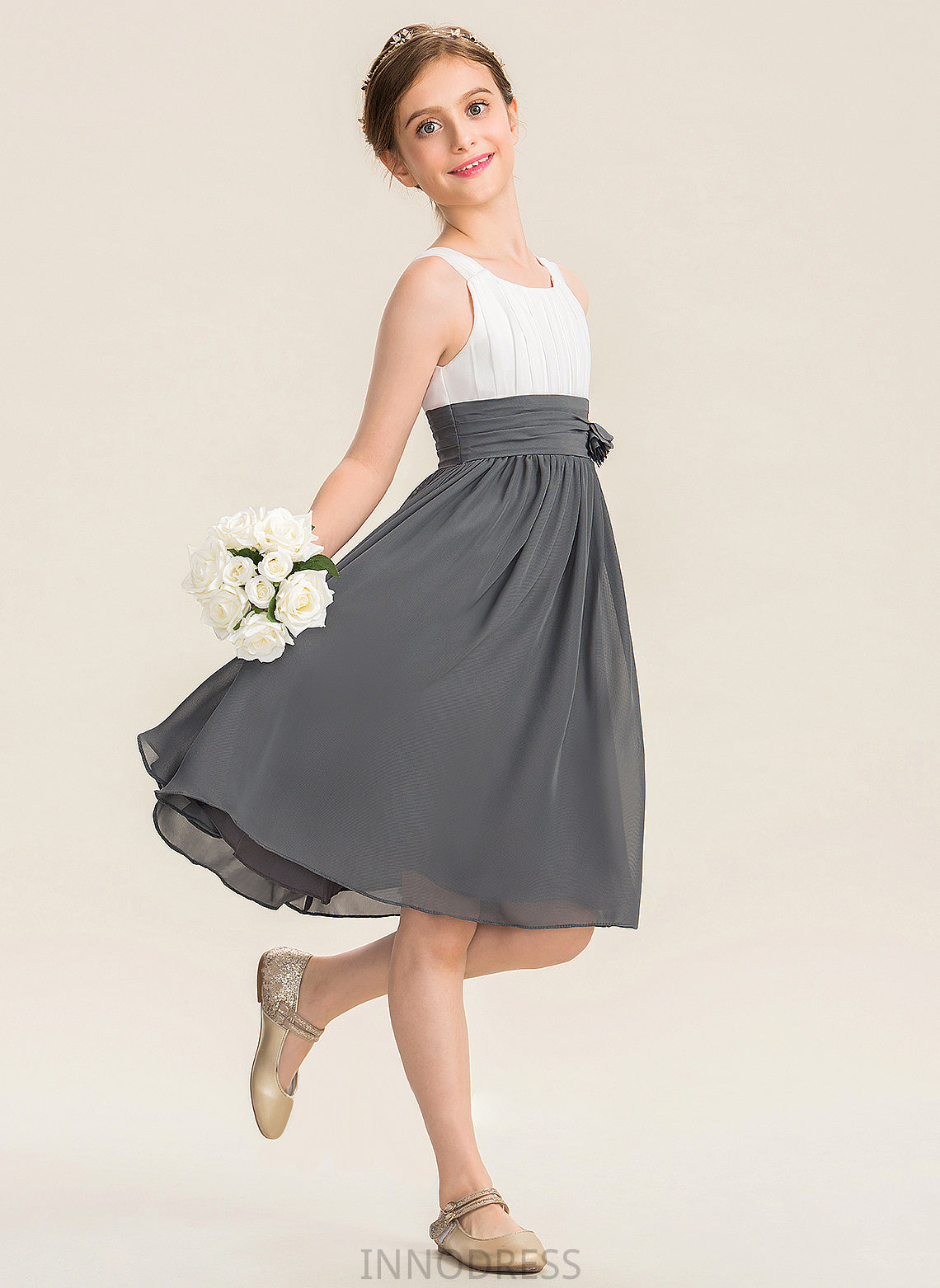 Chiffon Scoop Knee-Length Junior Bridesmaid Dresses With Flower(s) Ryan Ruffle Neck A-Line