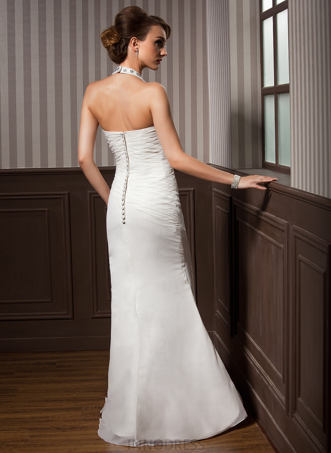 Chiffon Floor-Length Wedding Dress Sheath/Column Halter Beading Lace Ruffle Appliques Evie Wedding Dresses Sequins Satin With