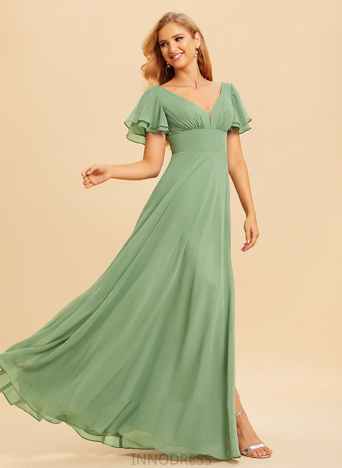 V-neck Silhouette Ruffle Fabric Floor-Length Length Embellishment Neckline A-Line SplitFront Willow Sleeveless Bridesmaid Dresses