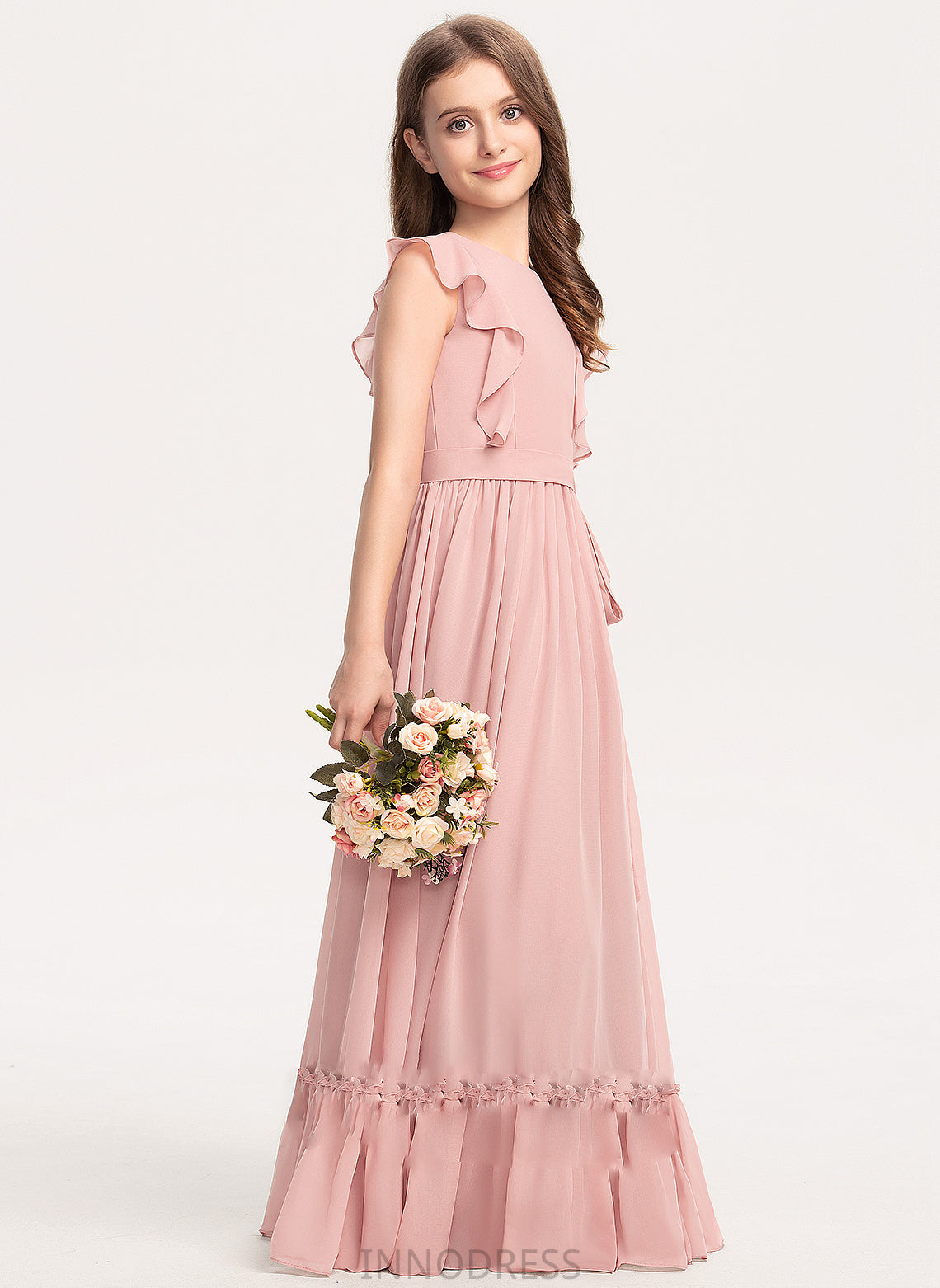 Junior Bridesmaid Dresses With Bow(s) Neck Floor-Length Taliyah Chiffon A-Line Ruffles Scoop Cascading