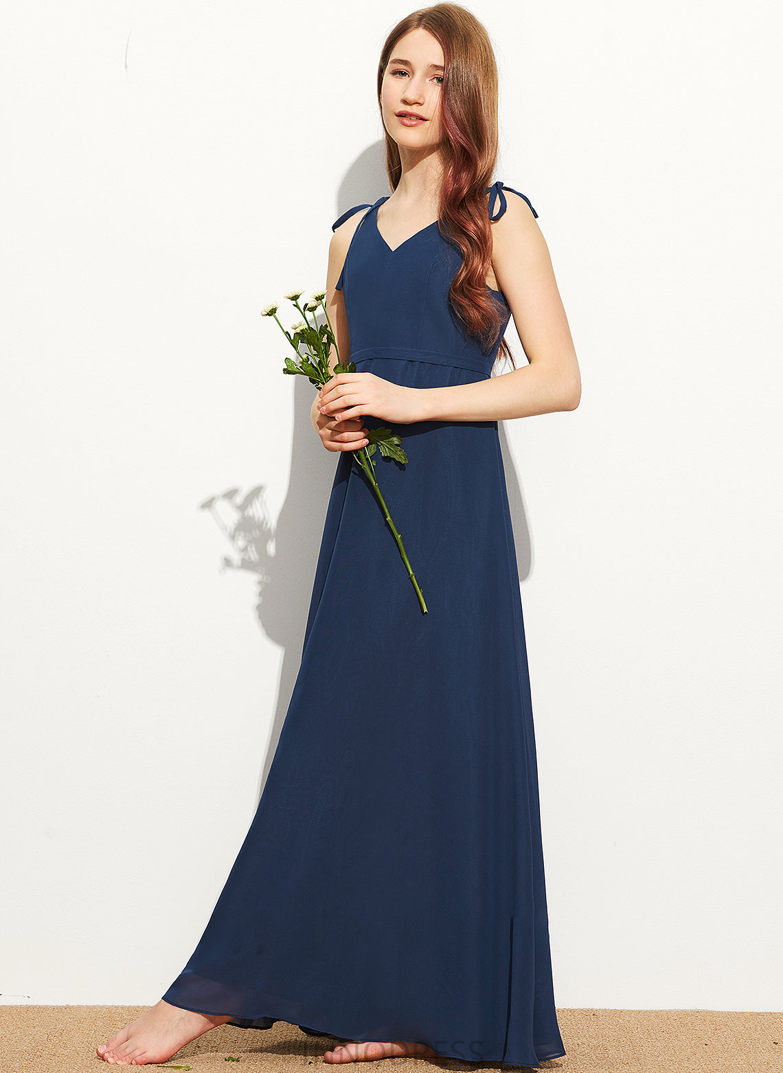 Junior Bridesmaid Dresses Bow(s) Kendal A-Line Chiffon Floor-Length V-neck With