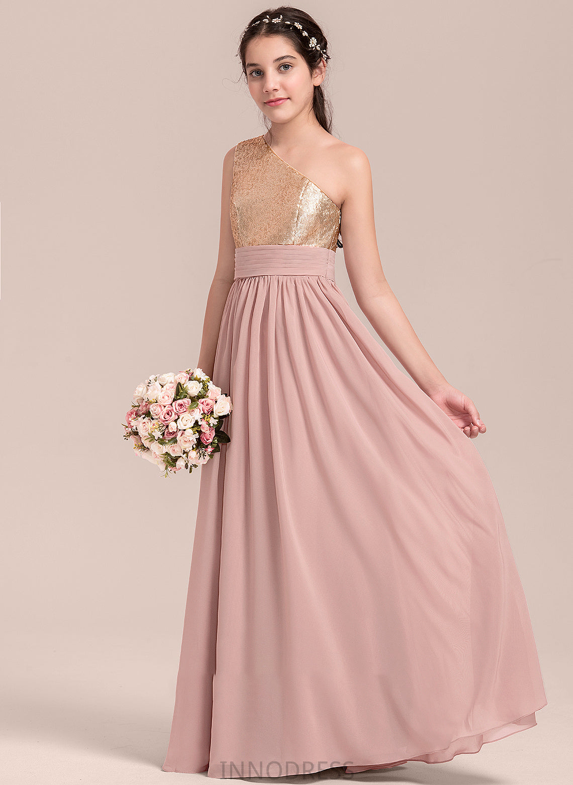 With Floor-Length Junior Bridesmaid Dresses One-Shoulder Baylee Ruffle A-Line Chiffon