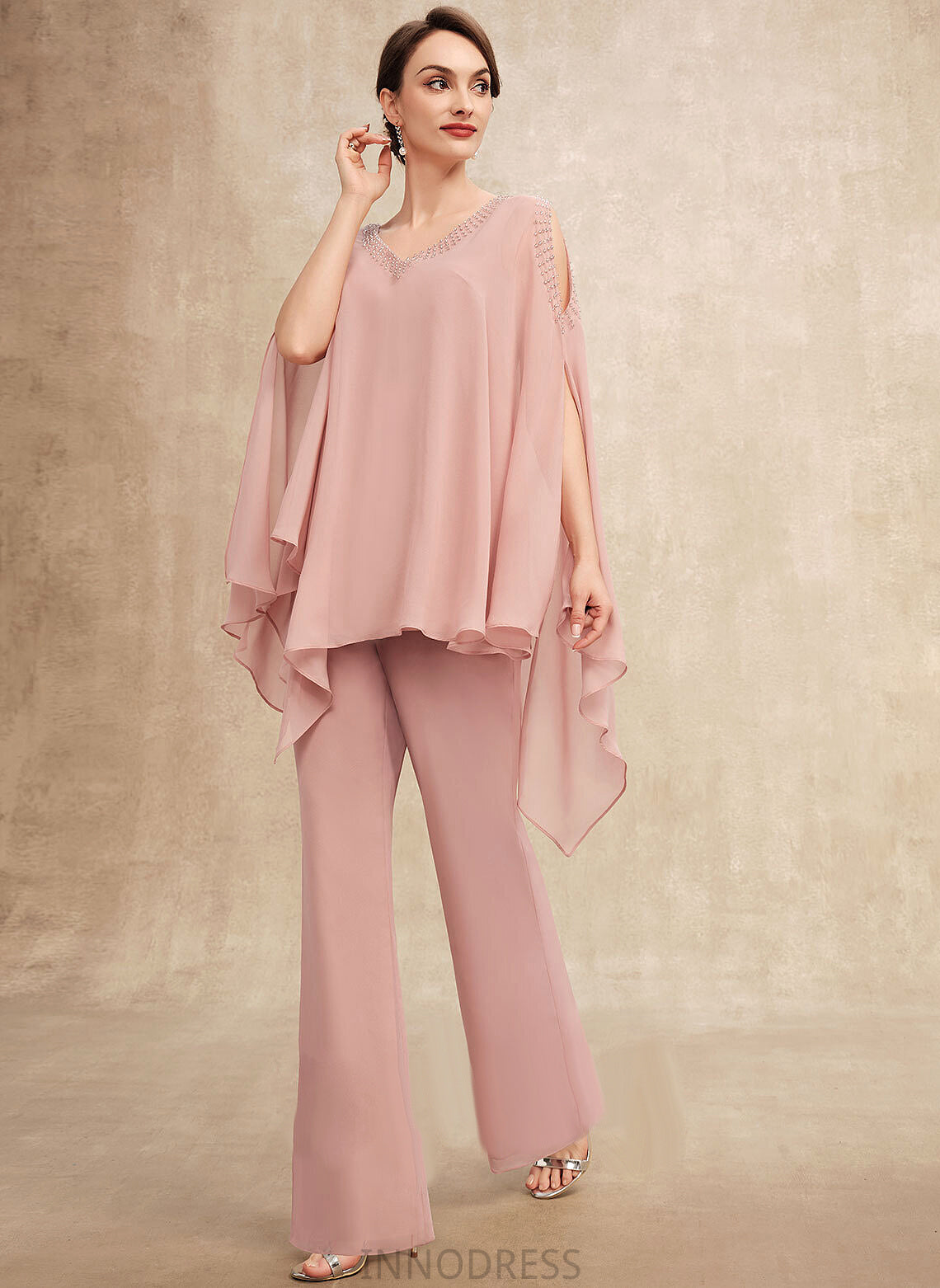 Mother of the Bride Dresses Chiffon the Olivia Bride V-neck Jumpsuit/Pantsuit With Mother of Dress Beading Floor-Length