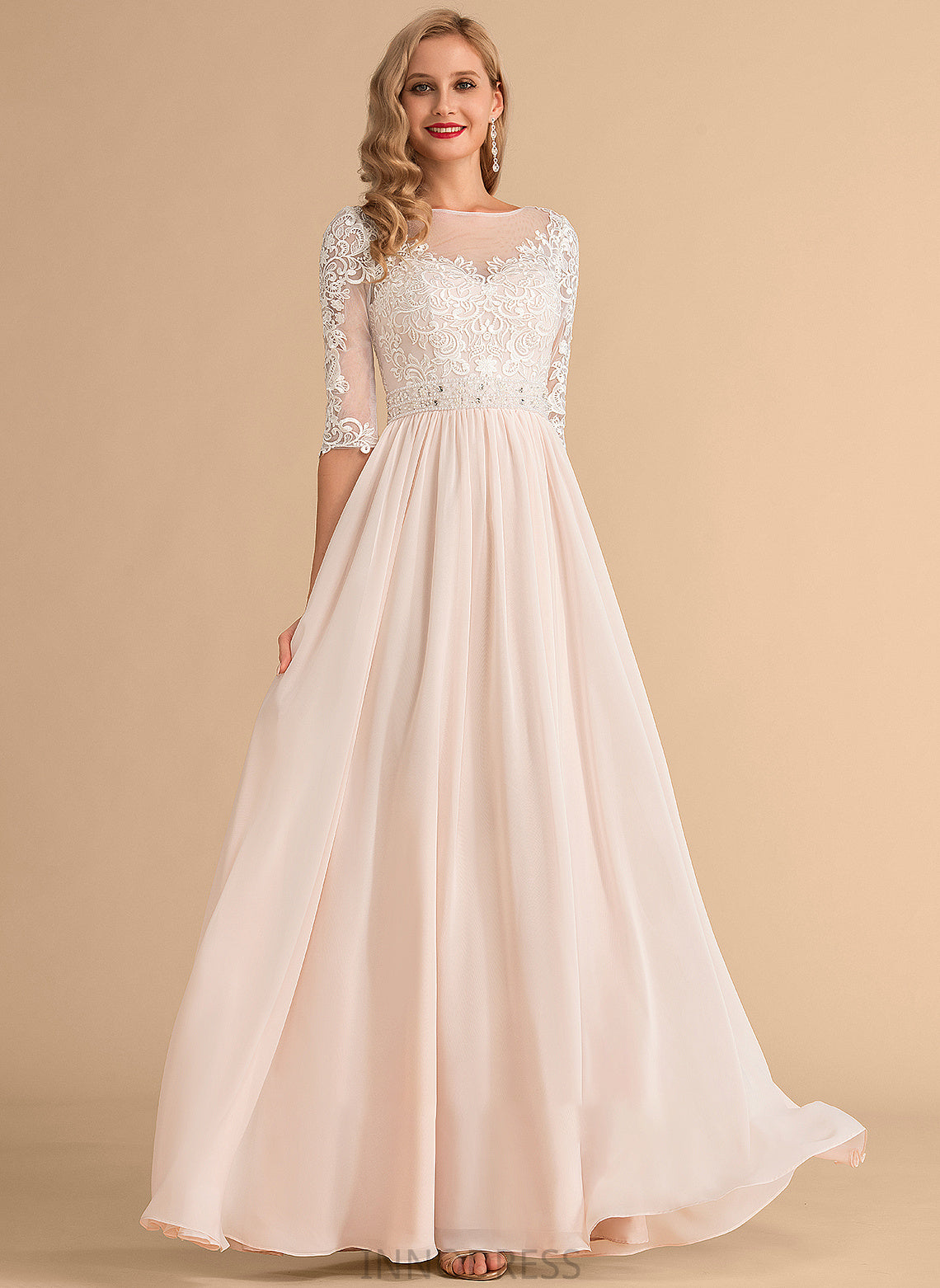 Sequins Dress Beading Illusion Jaslene Chiffon A-Line Wedding Floor-Length With Lace Wedding Dresses