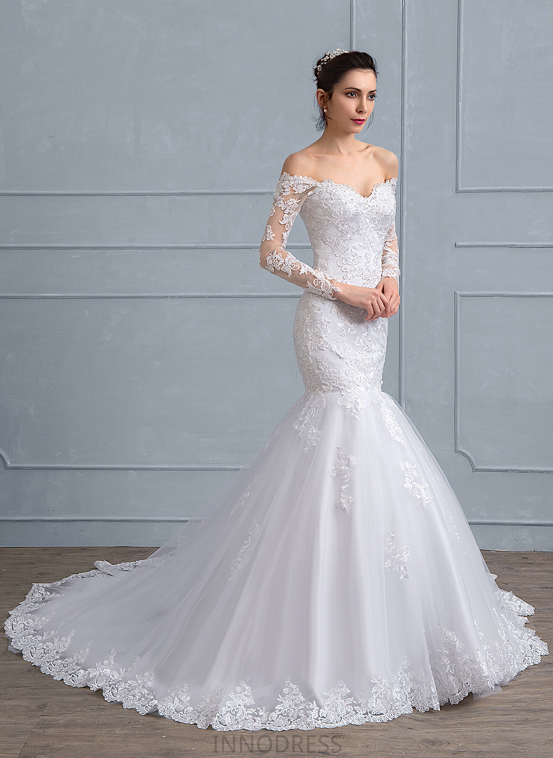 Court Tulle Wedding Dresses With Trumpet/Mermaid Beading Dress Off-the-Shoulder Sequins Lace Train Ainsley Wedding