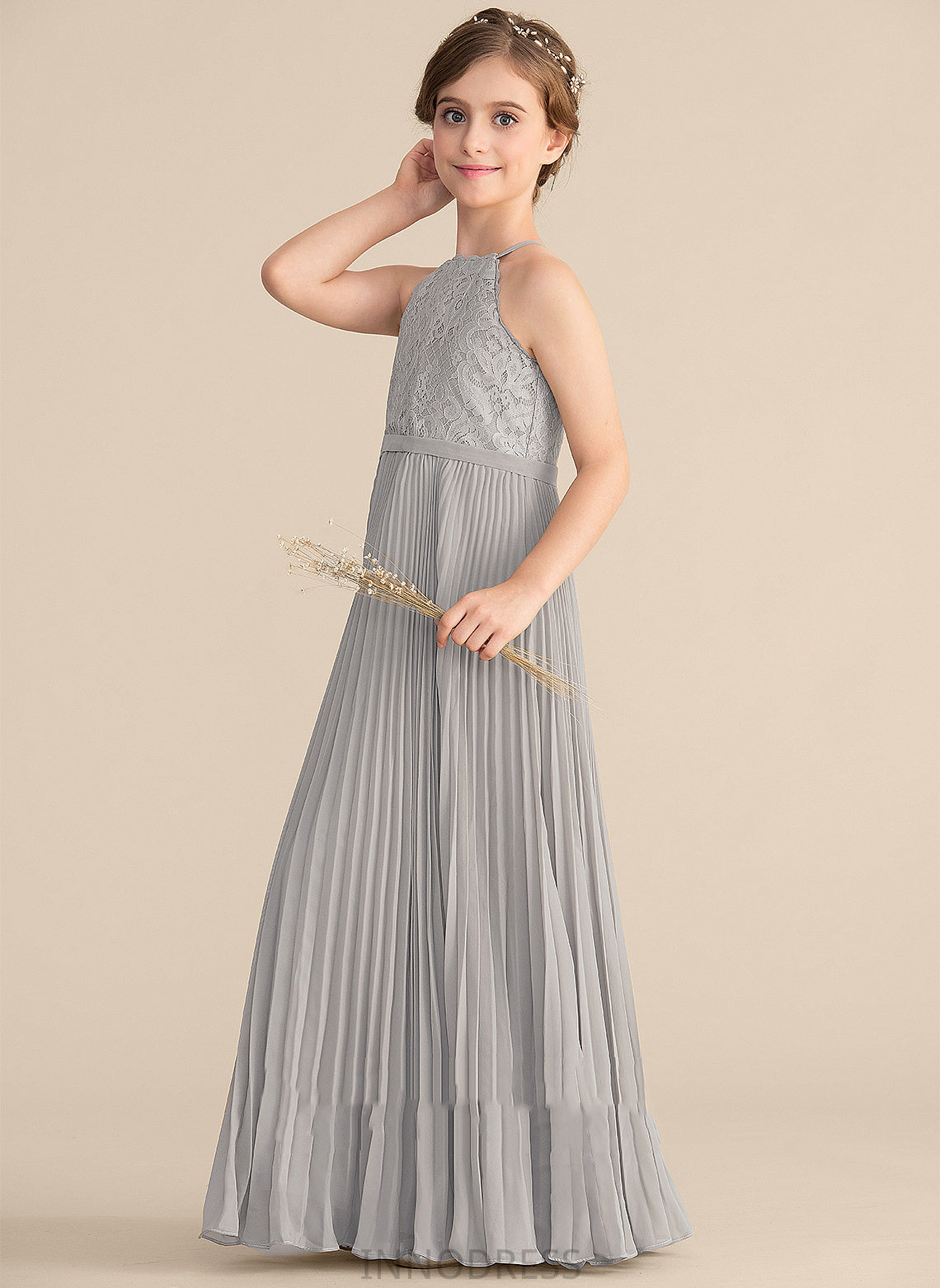 Scoop Floor-Length Chiffon A-Line Pleated Junior Bridesmaid Dresses Lace Neck Irene With