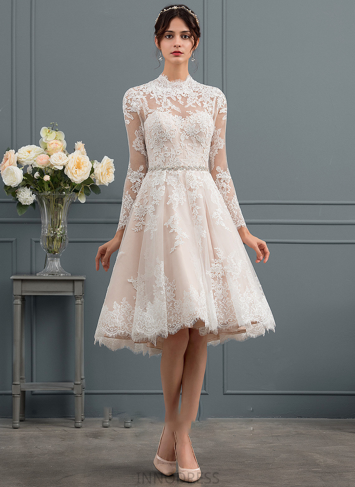 Knee-Length Illusion Wedding Dress Lace Sandra Wedding Dresses A-Line