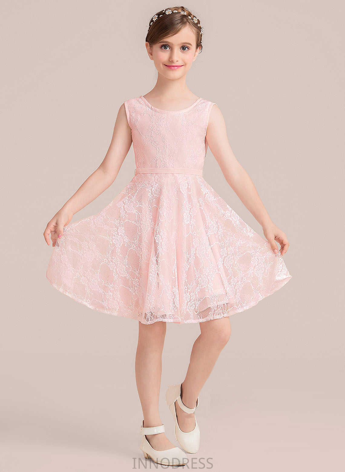 Knee-Length Bow(s) Neck A-Line Scoop Helena Sash With Junior Bridesmaid Dresses Lace