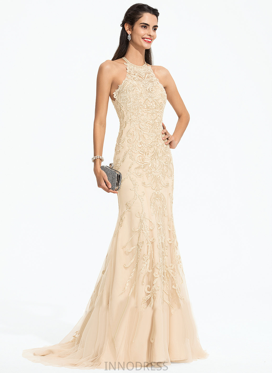 Lace Trumpet/Mermaid Train Adrienne Scoop Prom Dresses Sweep With Tulle Sequins