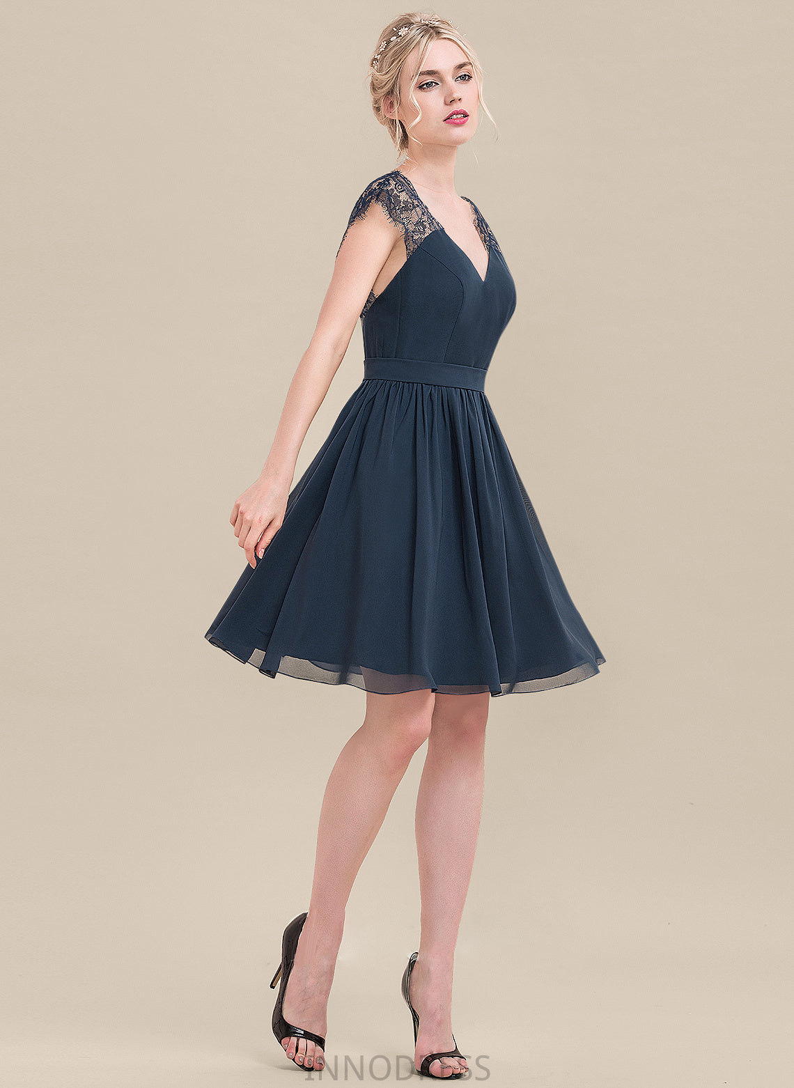 V-neck Neckline Knee-Length A-Line Straps Lace Length Fabric Silhouette Stephanie High Low Natural Waist