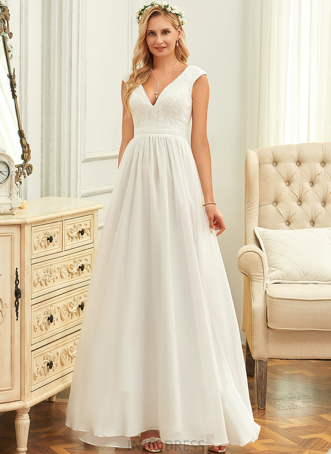 Dress Wedding Dresses Lace Jaqueline V-neck A-Line Chiffon Wedding Floor-Length
