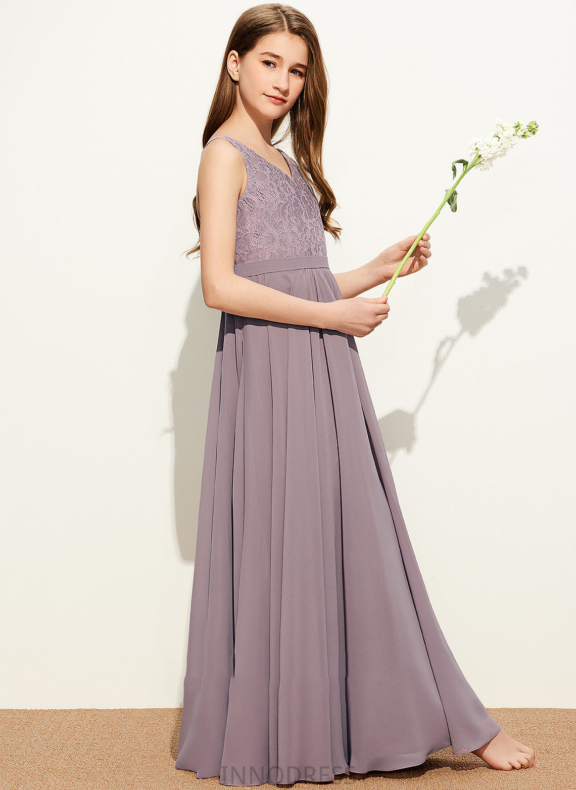 A-Line Chiffon V-neck Carlee Lace Floor-Length Junior Bridesmaid Dresses