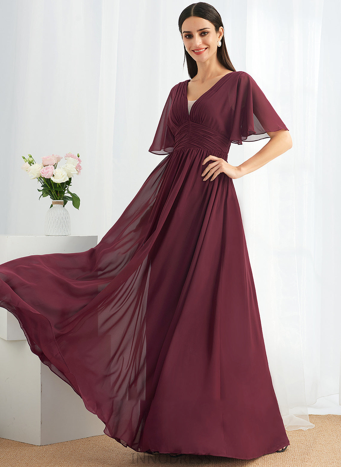 Embellishment Neckline V-neck Silhouette Floor-Length Fabric Length A-Line Ruffle Adrienne A-Line/Princess Sleeveless