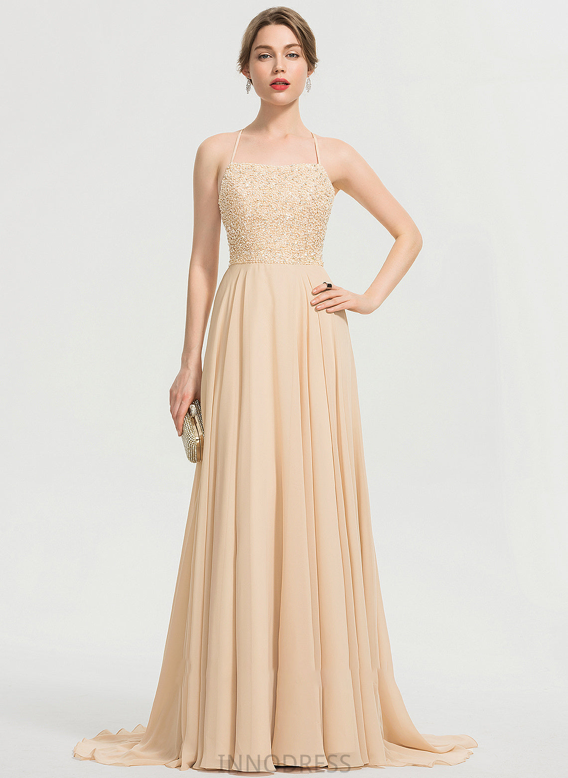 Beading Train Tianna Prom Dresses Chiffon Neckline Square A-Line Sequins With Sweep