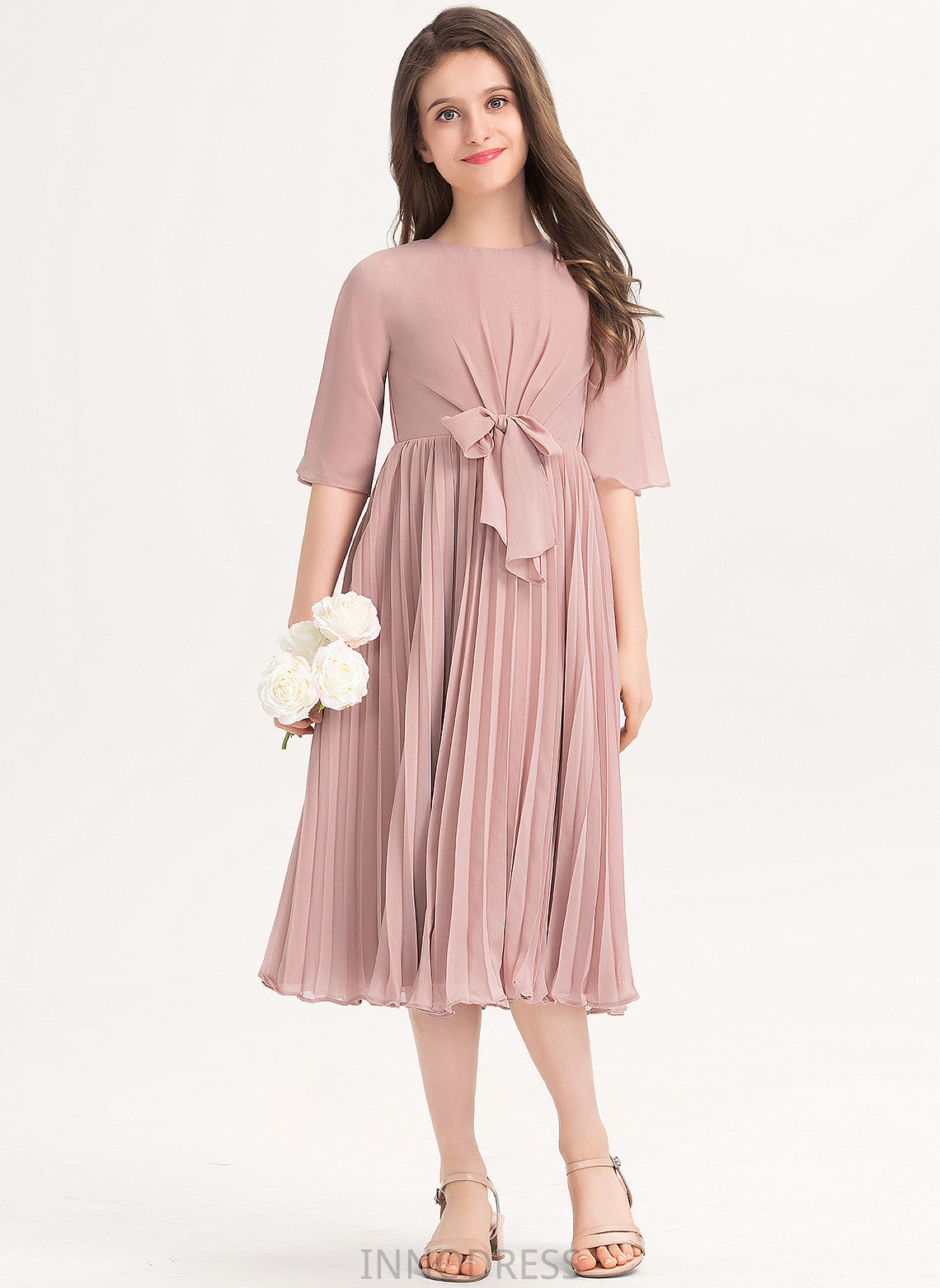 With A-Line Neck Scoop Pleated Junior Bridesmaid Dresses Bow(s) Alia Knee-Length Chiffon