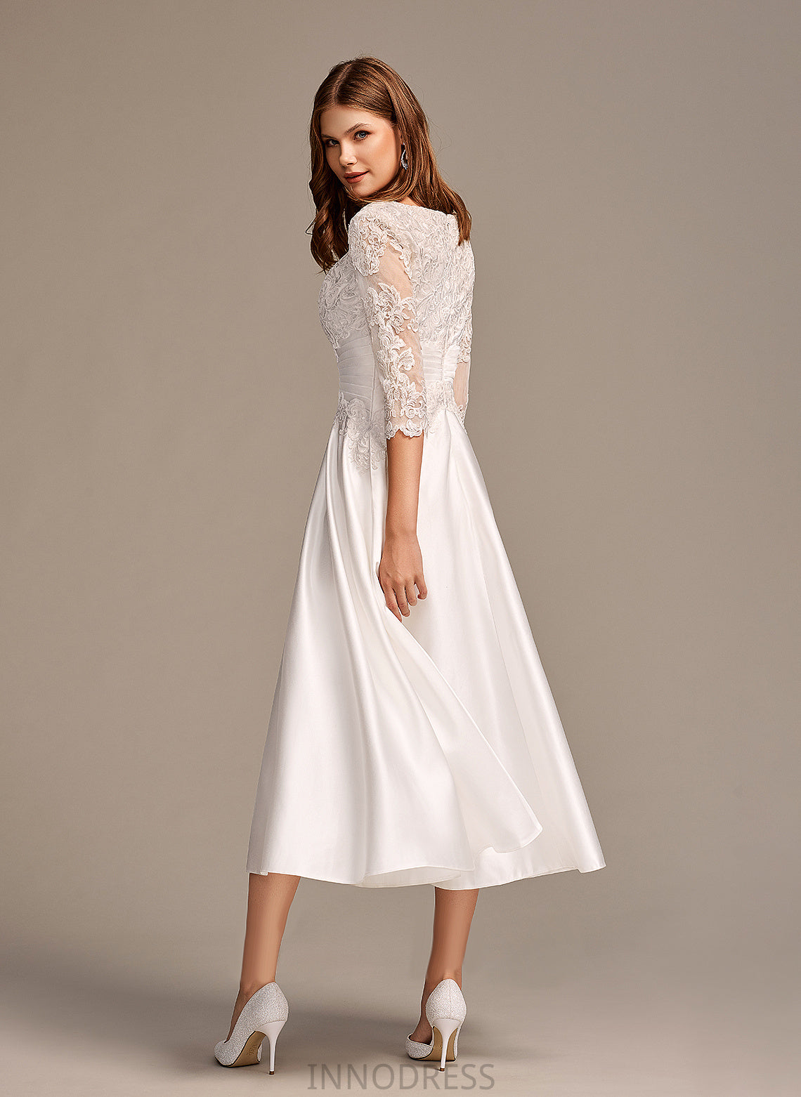 Wedding Dresses A-Line With Satin Wedding Lace Mia Neck Scoop Pockets Dress Tea-Length