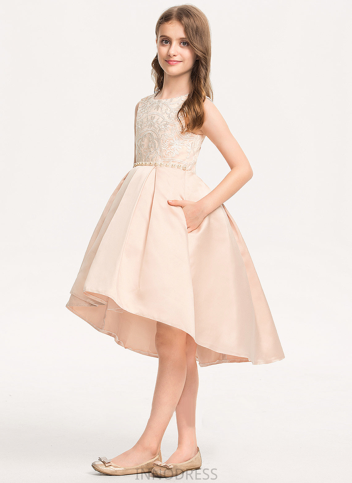Neck Asymmetrical A-Line Satin Pockets With Stacy Junior Bridesmaid Dresses Scoop Lace Beading