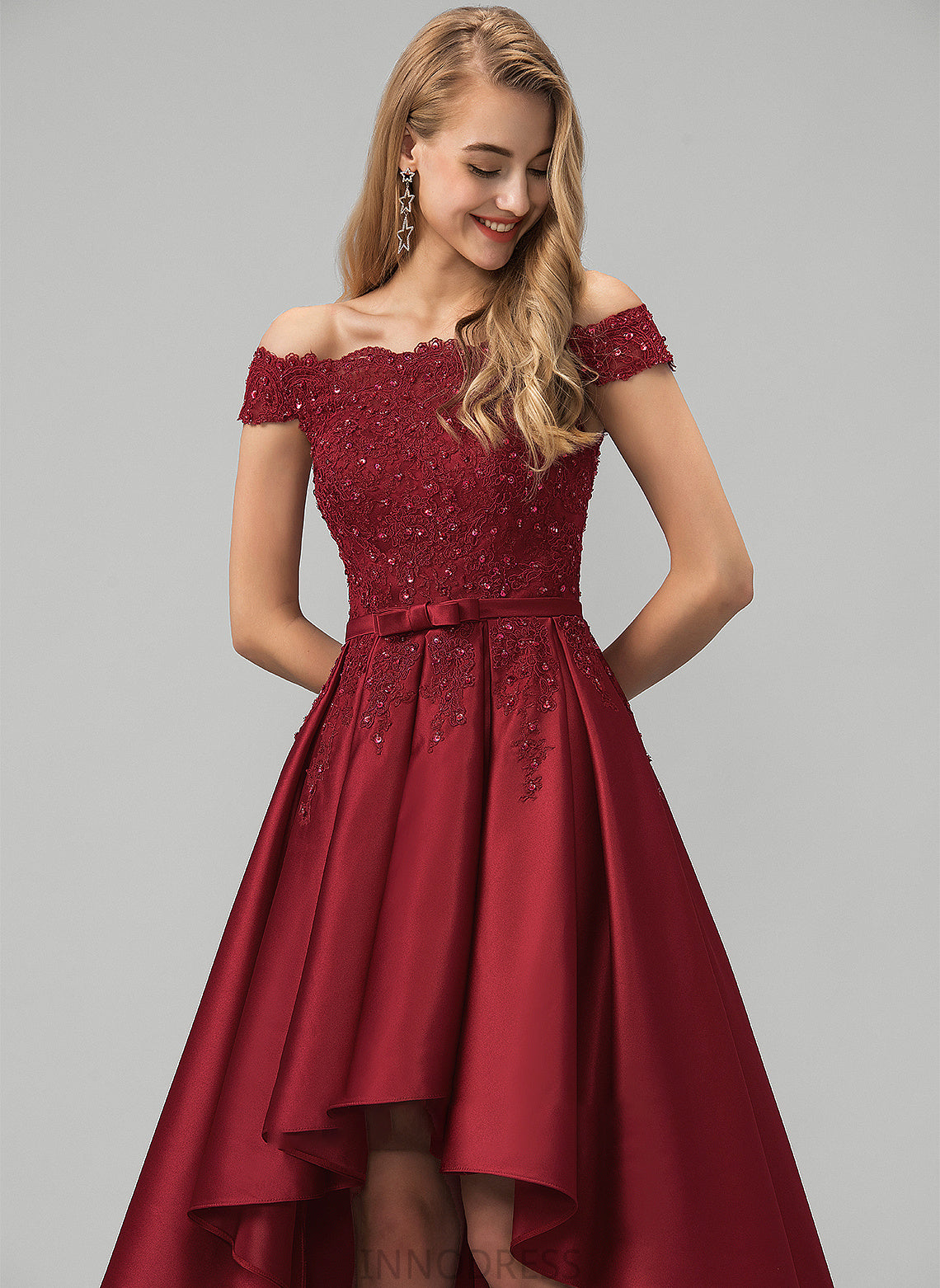 Bow(s) Lace Satin With Sequins Beading Ball-Gown/Princess Asymmetrical Off-the-Shoulder Krista Prom Dresses