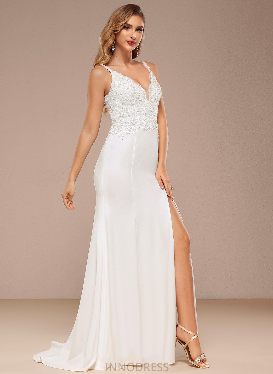 With Lace Wedding Dresses Sweep Wedding V-neck Trumpet/Mermaid Sequins Halle Chiffon Train Dress