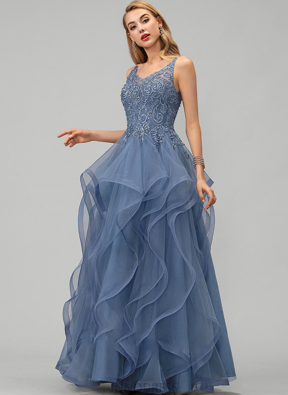 Monica Sequins Beading Tulle With Lace Ball-Gown/Princess Prom Dresses Floor-Length V-neck