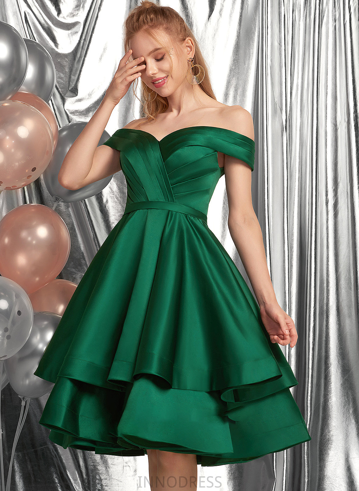 Sloane Knee-Length Off-the-Shoulder Ruffle Prom Dresses Satin A-Line With
