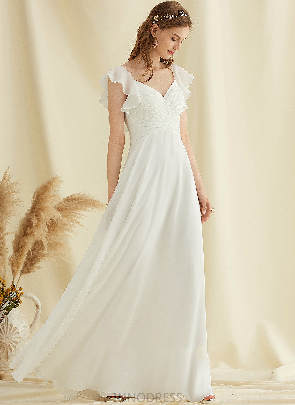 With Wedding Dresses Tatiana Floor-Length Ruffle Chiffon A-Line V-neck Wedding Dress