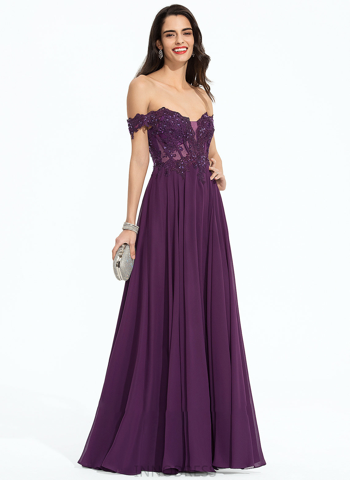 Off-the-Shoulder Sequins With Beading Ball-Gown/Princess Prom Dresses Floor-Length Chiffon Cadence