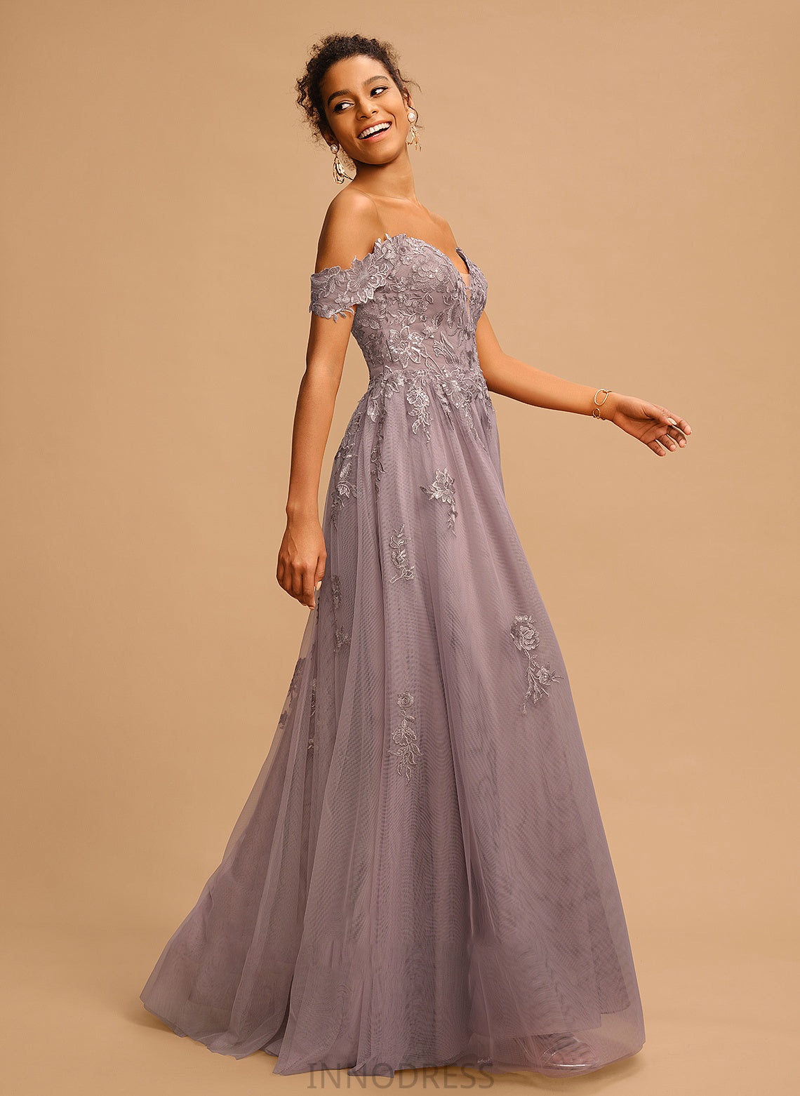 Maeve With A-Line Off-the-Shoulder Floor-Length Tulle Prom Dresses Sequins