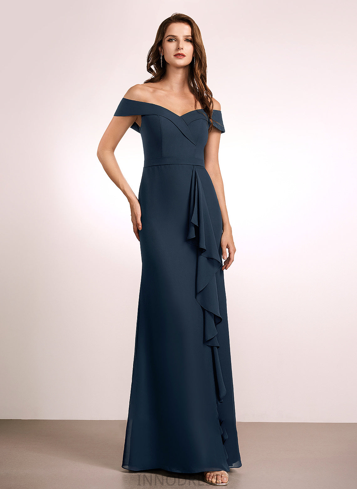 Silhouette A-Line Neckline Off-the-Shoulder Embellishment Ruffle Length Fabric Floor-Length Erika A-Line/Princess Scoop