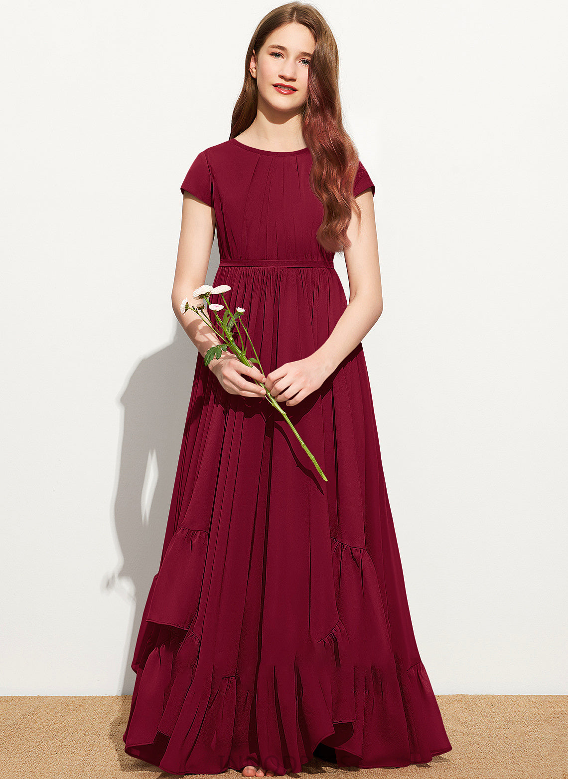 Floor-Length Shelby With Junior Bridesmaid Dresses Neck Lace Appliques Bow(s) A-Line Scoop Chiffon Ruffles Cascading