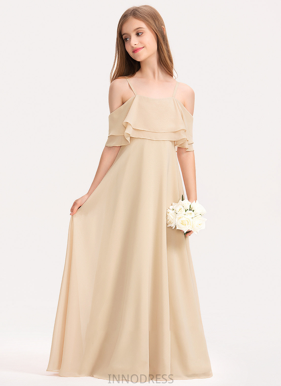 Cascading Floor-Length A-Line Junior Bridesmaid Dresses Ruffles With Chiffon Off-the-Shoulder Dixie