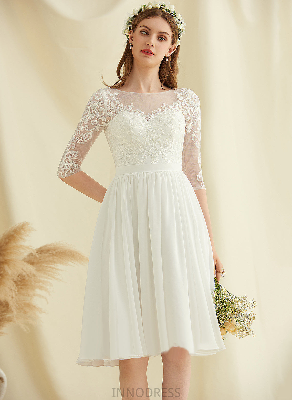 Sequins Scoop Knee-Length Wedding Dresses Chiffon Amiya With Dress Wedding Lace A-Line