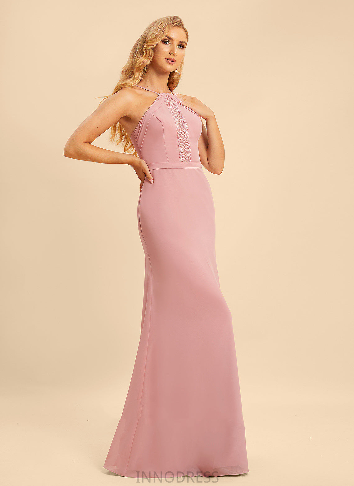 Lace Silhouette Neckline Trumpet/Mermaid Embellishment Fabric Floor-Length Length HighNeck Tiana A-Line/Princess Sleeveless Bridesmaid Dresses