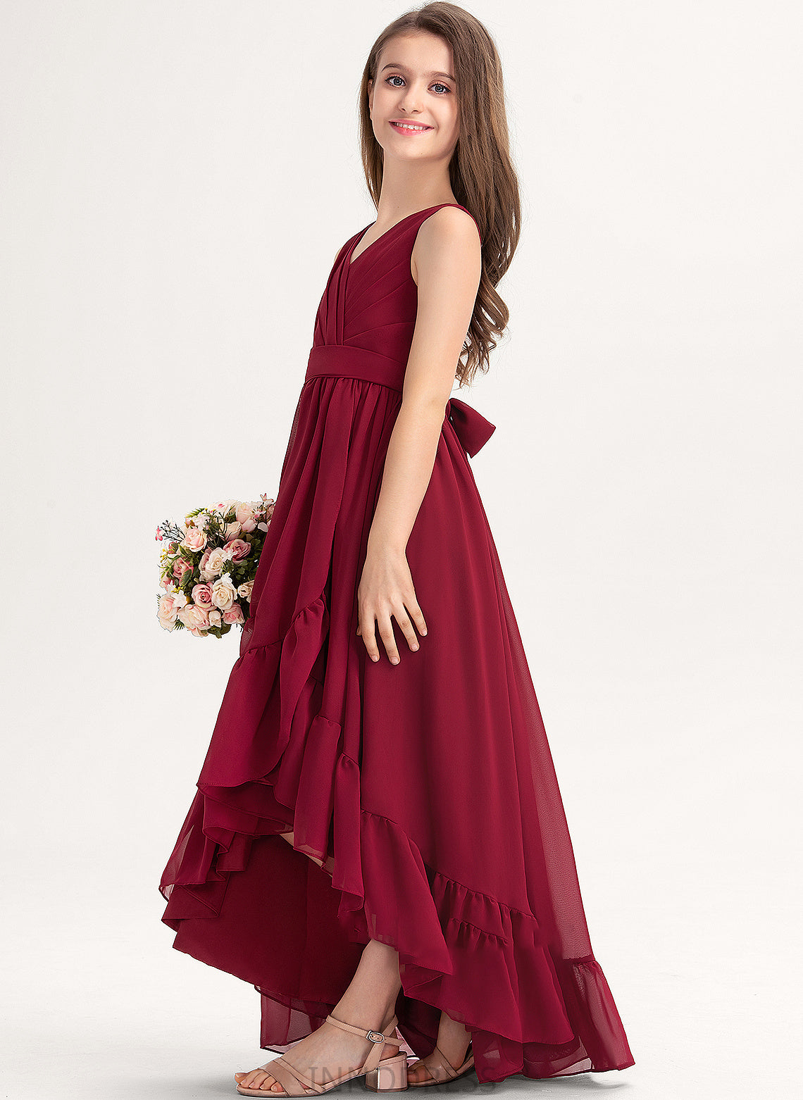 Chiffon Daisy Bow(s) Cascading Asymmetrical With V-neck A-Line Junior Bridesmaid Dresses Ruffles