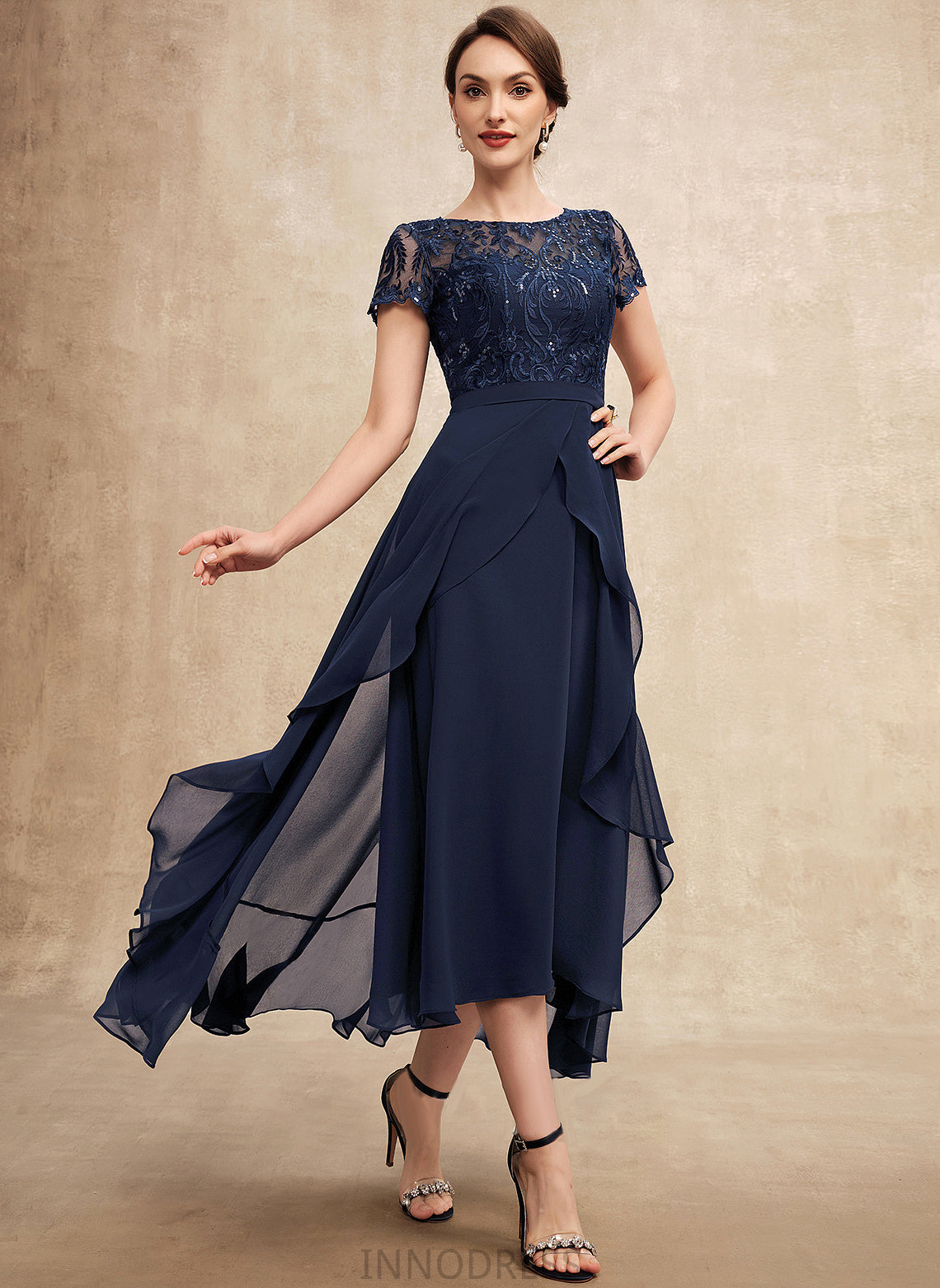 Ruffles A-Line Chiffon Cascading Bow(s) Mother With Olympia Dress Neck Bride Asymmetrical the Scoop Lace of Sequins Mother of the Bride Dresses