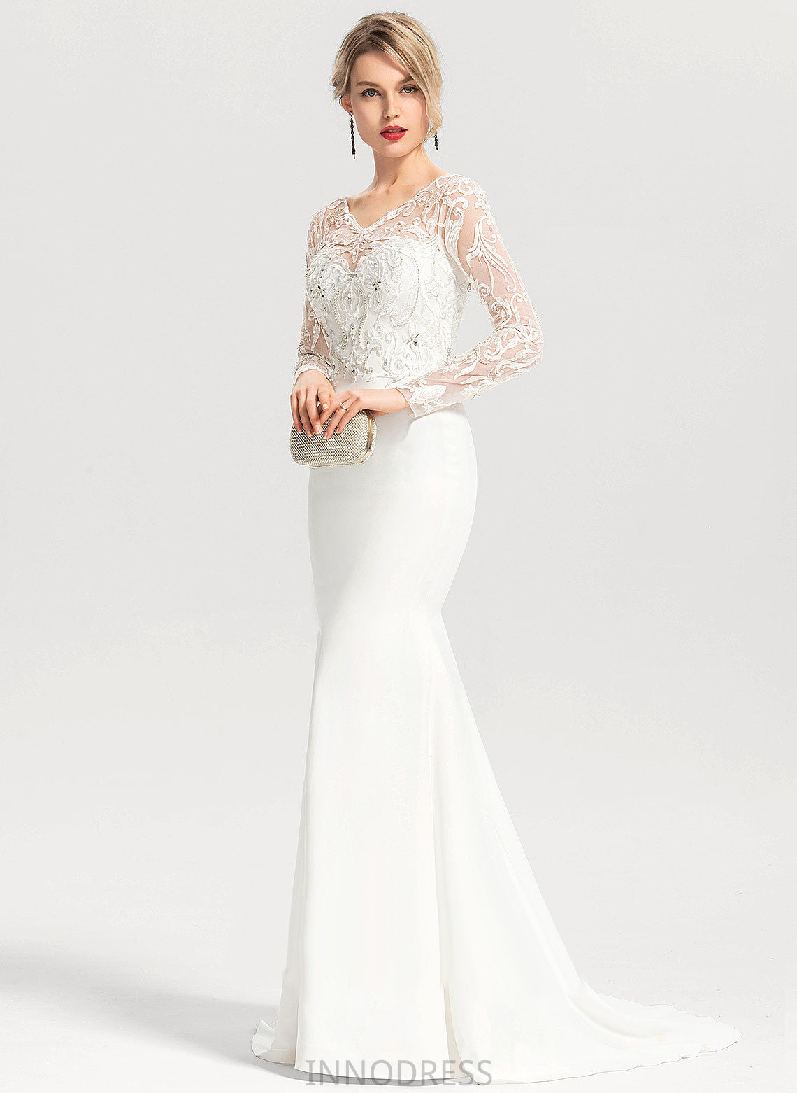 Gertrude Stretch Sequins Dress Wedding Dresses Sweep With Trumpet/Mermaid Beading V-neck Lace Wedding Crepe Train
