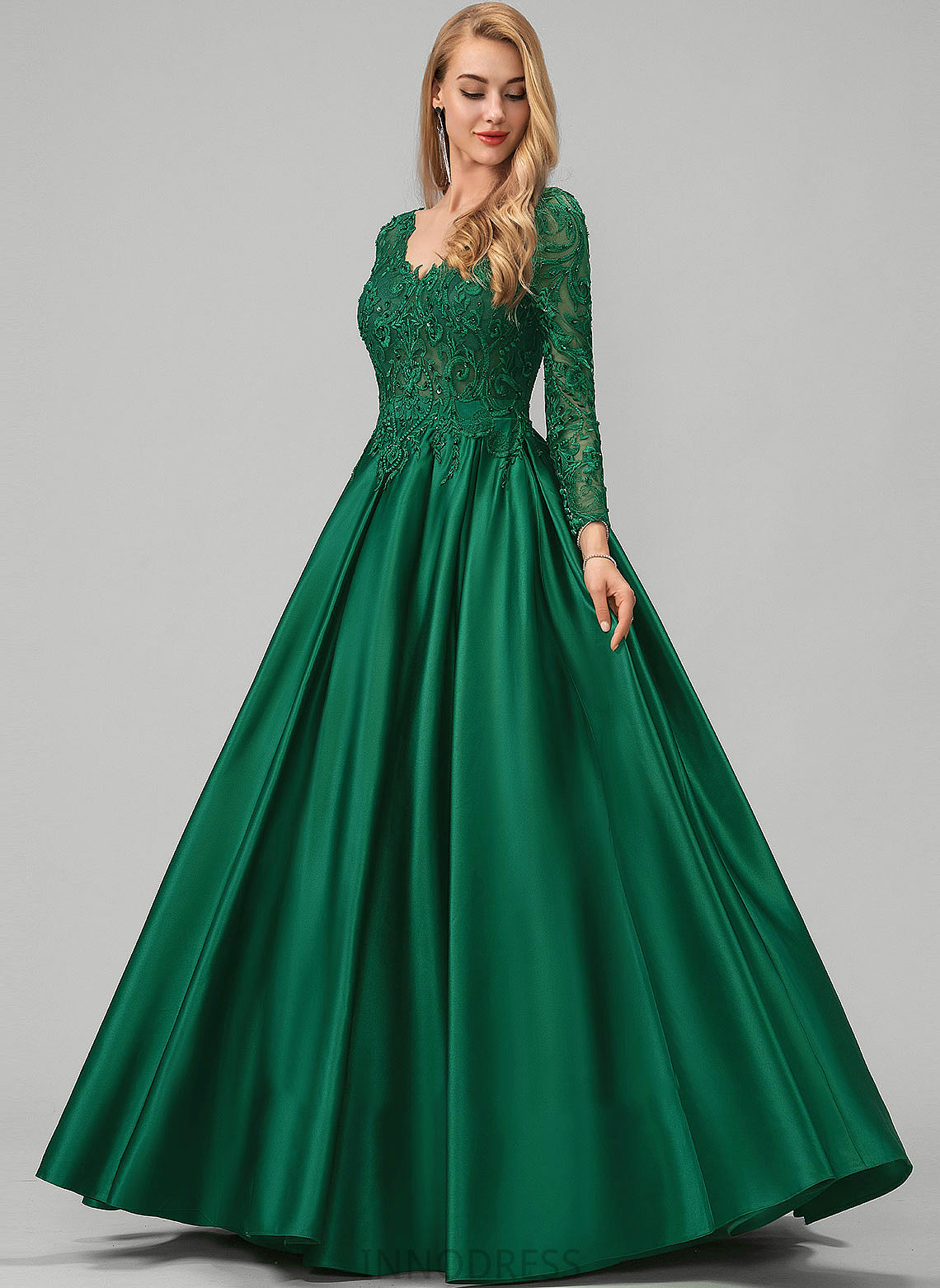 Prom Dresses Satin Floor-Length Aliza Beading Sequins V-neck Pockets With Lace Ball-Gown/Princess