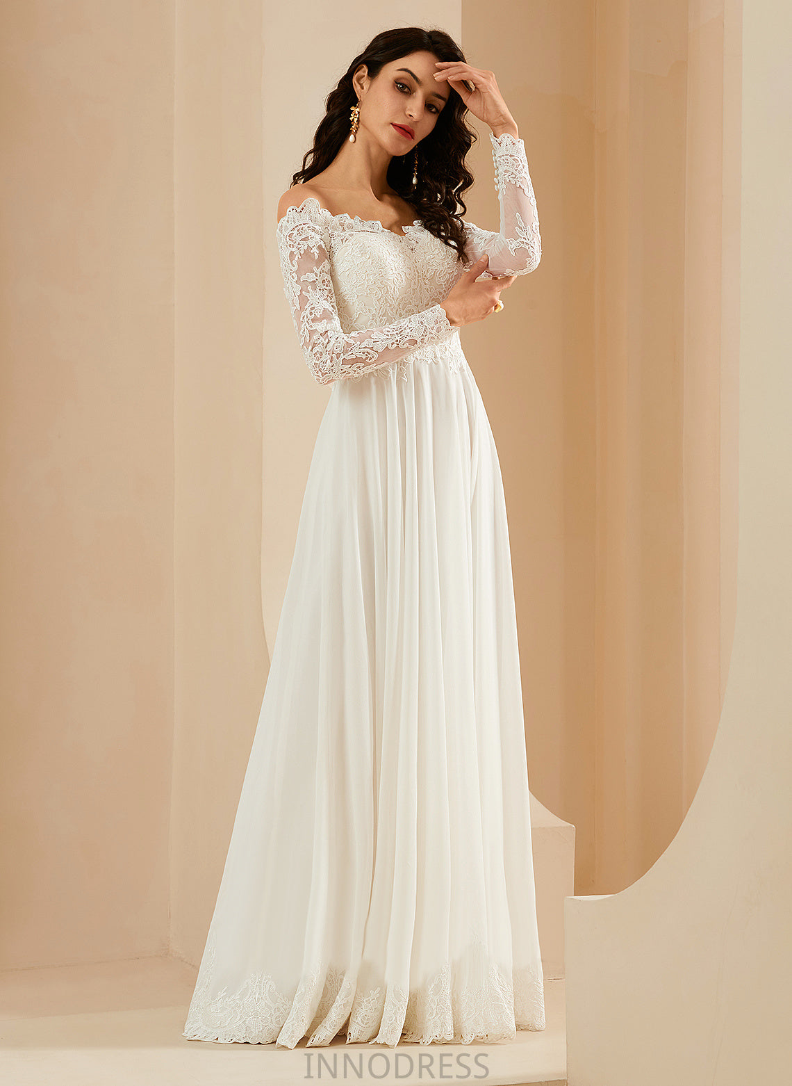 With Off-the-Shoulder Dress Lace Wedding Dresses Chiffon A-Line Millicent Train Wedding Sweep