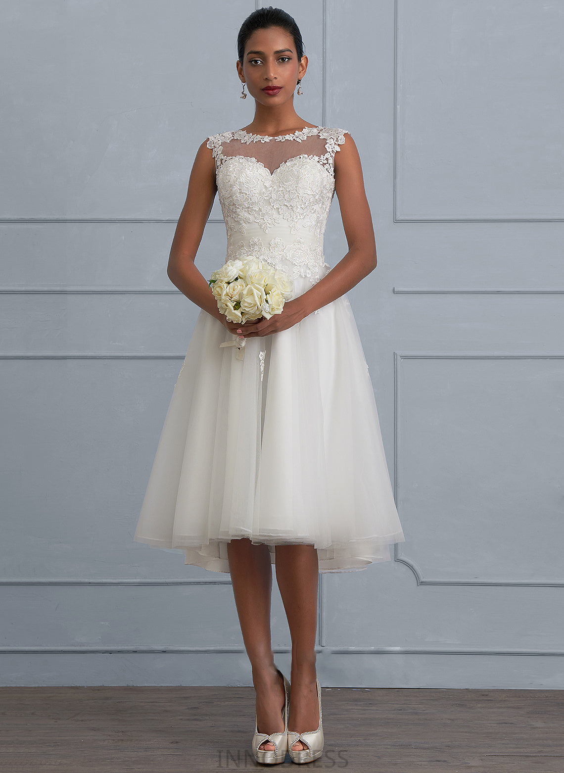 Wedding With A-Line Diamond Dress Illusion Tulle Wedding Dresses Asymmetrical Ruffle