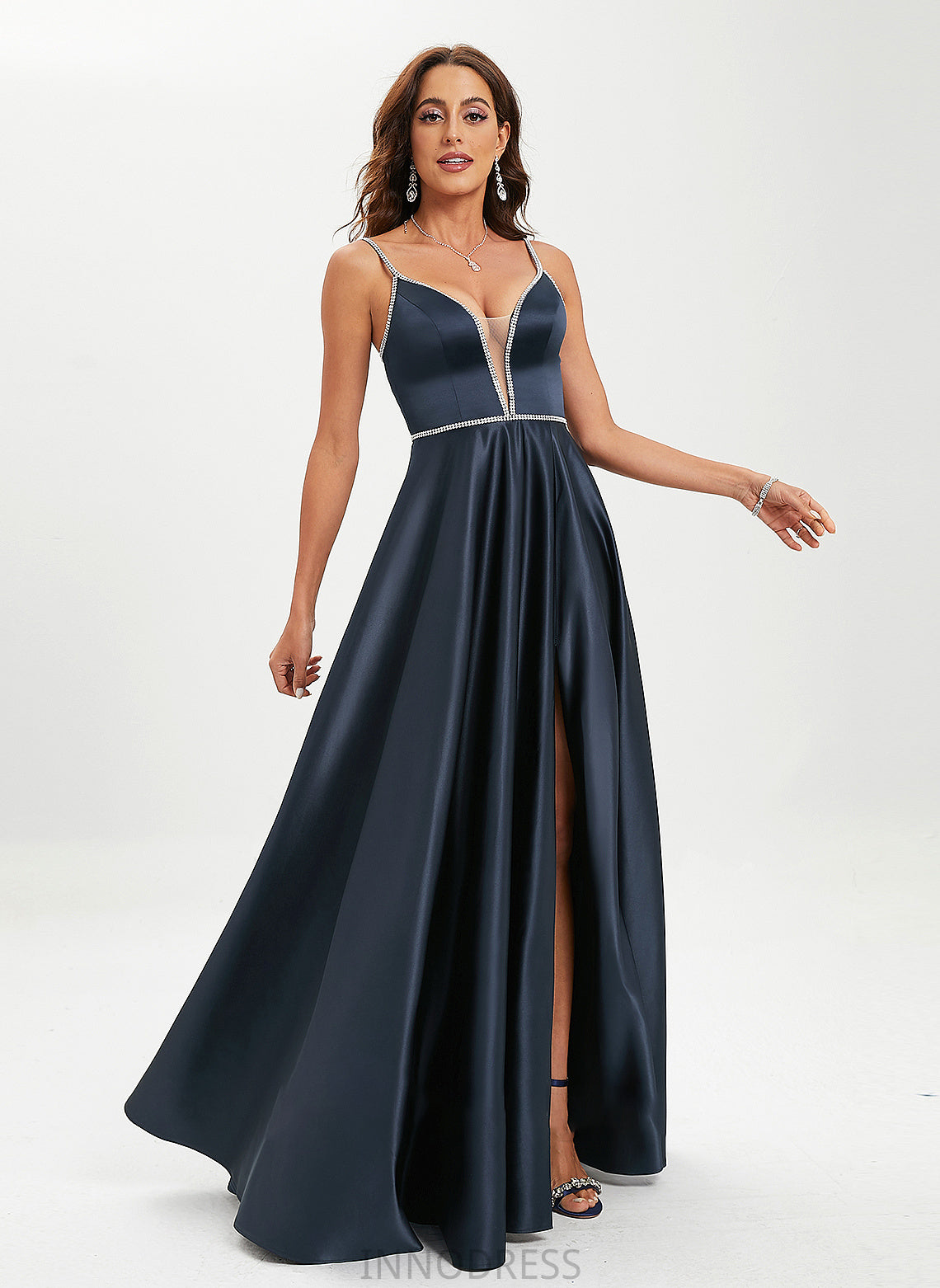 Satin Beading Floor-Length V-neck Payten With Sequins Prom Dresses Ball-Gown/Princess